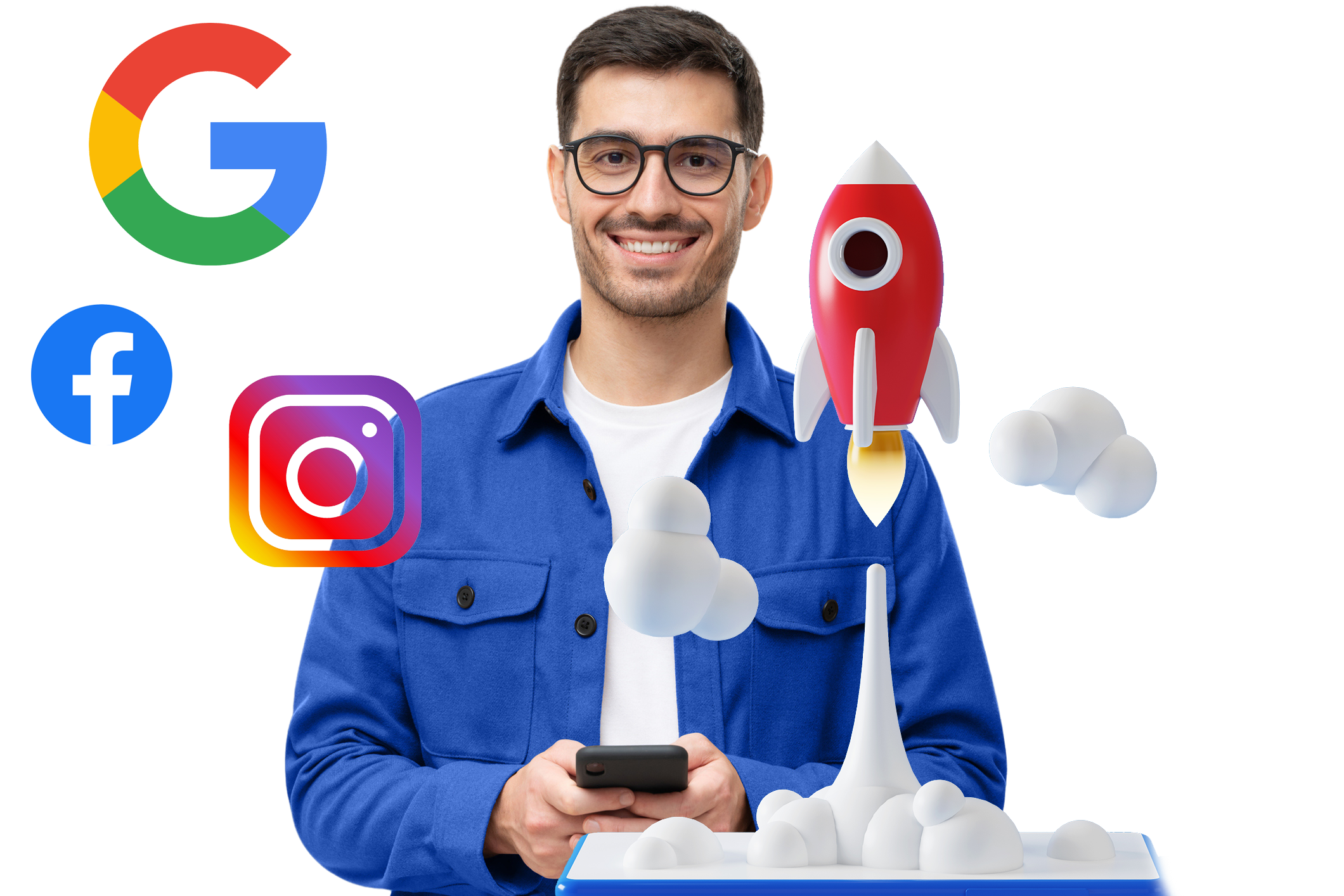 Homme avec smartphone et logos SEO